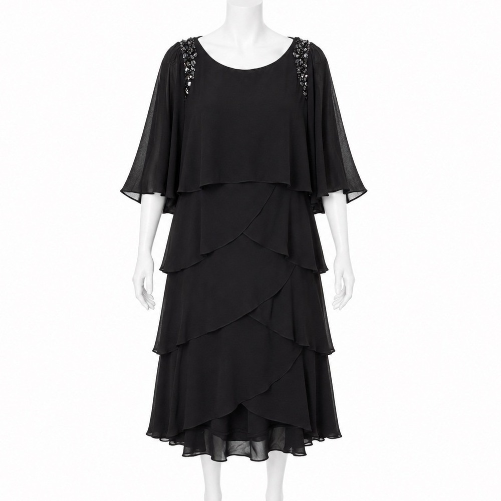 SLNY Tiered Ruffle Dress Womens 12 Black Beaded Shoulder Chiffon Cape Sleeve LBD